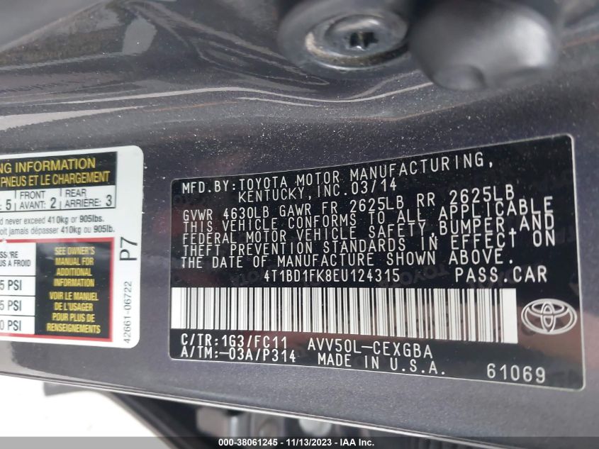 2014 TOYOTA CAMRY HYBRID XLE - 4T1BD1FK8EU124315