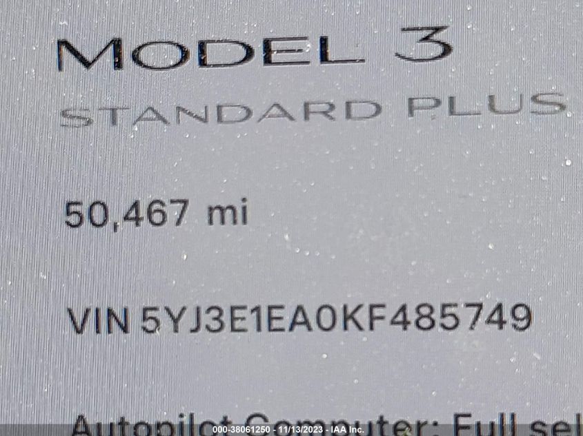 2019 TESLA MODEL 3 - 5YJ3E1EA0KF485749