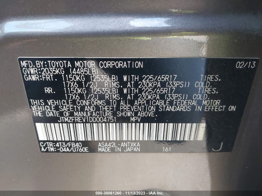 2013 TOYOTA RAV4 LE - JTMZFREV1DD004751