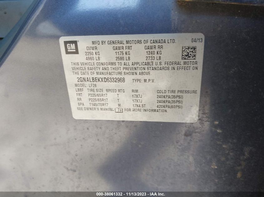 2013 CHEVROLET EQUINOX LS - 2GNALBEKXD6332968