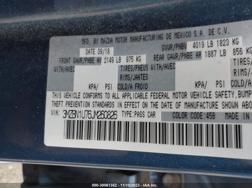 2018 MAZDA MAZDA3 SPORT - 3MZBN1U76JM260826