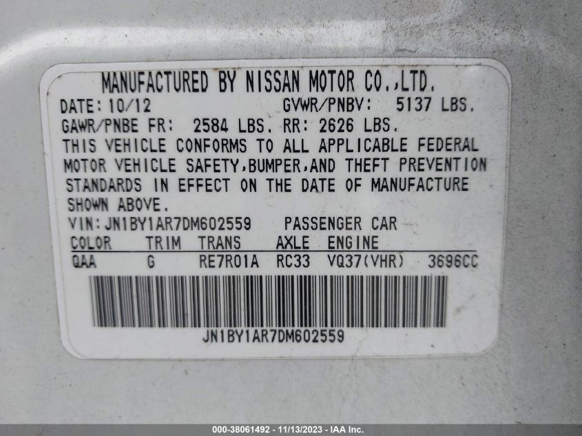 2013 INFINITI M37X - JN1BY1AR7DM602559