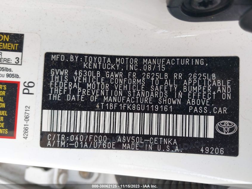 2016 TOYOTA CAMRY LE/XLE/SE/XSE - 4T1BF1FK8GU119196