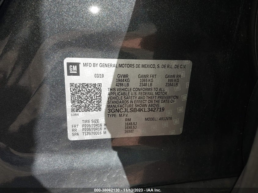 VIN 3GNCJLSB4KL342719 2019 CHEVROLET TRAX 1LT