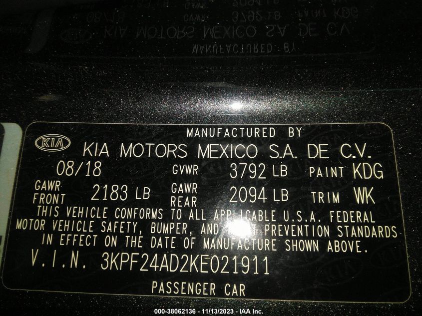 2019 KIA FORTE FE/LX/LXS - 3KPF24AD2KE021911