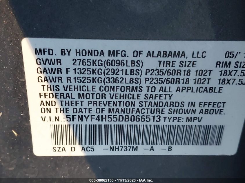 2013 HONDA PILOT EXL - 5FNYF4H55DB066513