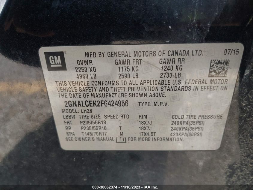2015 CHEVROLET EQUINOX 2LT - 2GNALCEK2F6424956