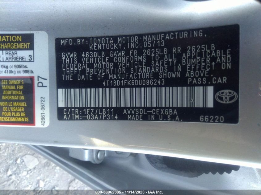 2013 TOYOTA CAMRY HYBRID LE/XLE - 4T1BD1FK6DU086243