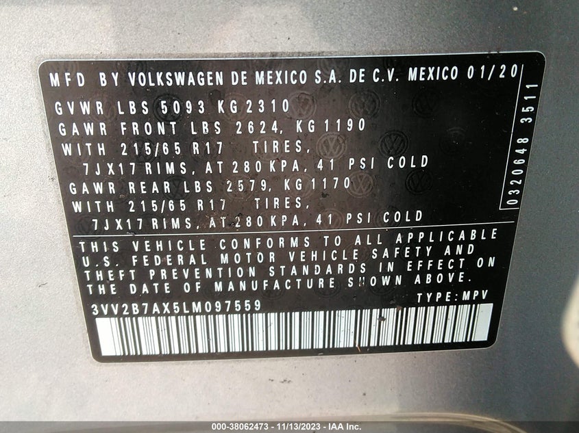 VIN 3VV2B7AX5LM097559 2020 VOLKSWAGEN TIGUAN SE/SEL