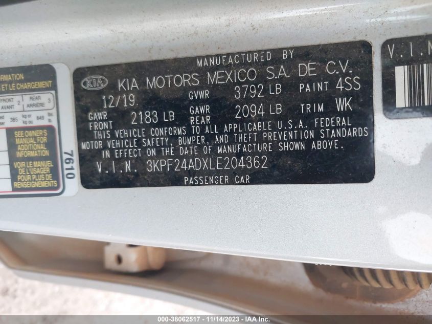 2020 KIA FORTE LXS - 3KPF24ADXLE204362