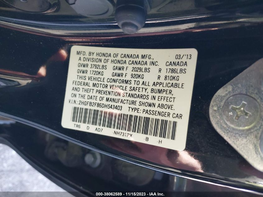 2013 HONDA CIVIC EX - 2HGFB2F86DH543403