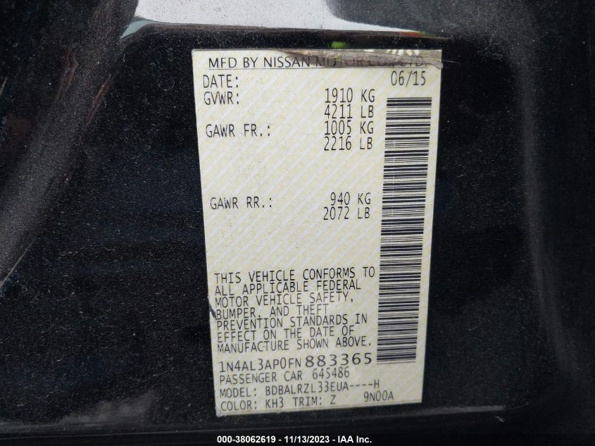 2015 NISSAN ALTIMA 2.5 SL - 1N4AL3AP0FN883365