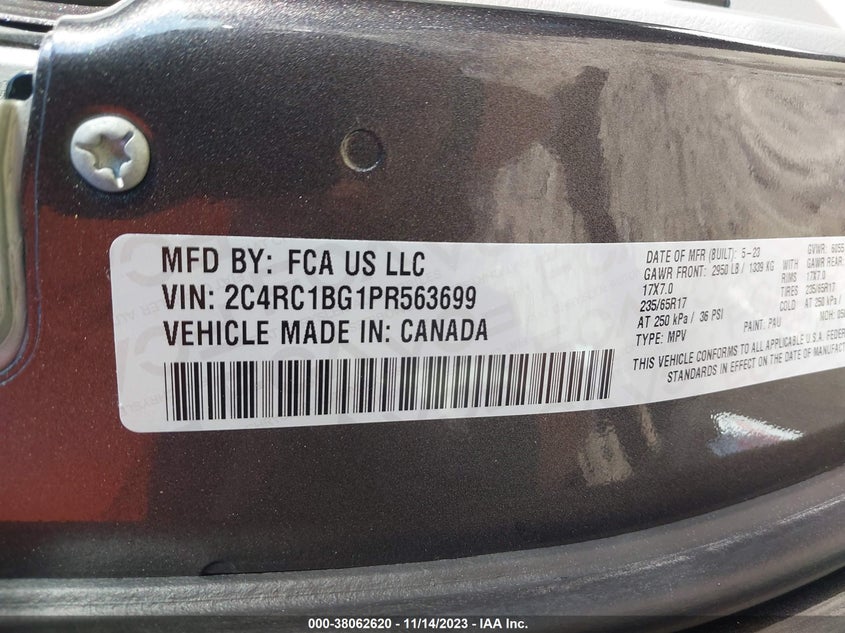 VIN 2C4RC1BG1PR563699 2023 CHRYSLER PACIFICA TOURING L