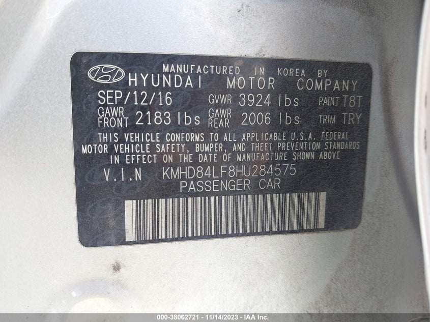 VIN KMHD84LF8HU284575 2017 HYUNDAI ELANTRA SE/VALUE/LIMITED