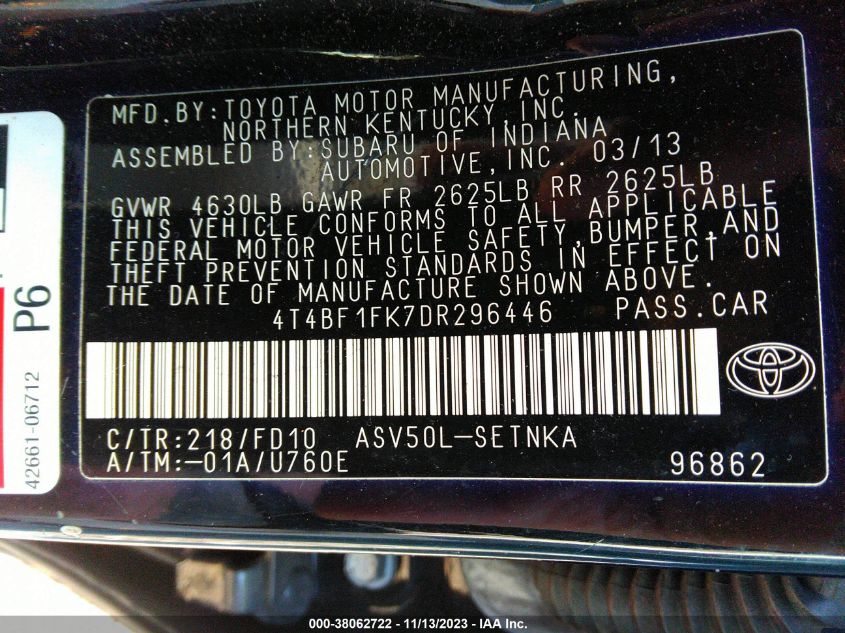 2013 TOYOTA CAMRY LE - 4T4BF1FK7DR296446