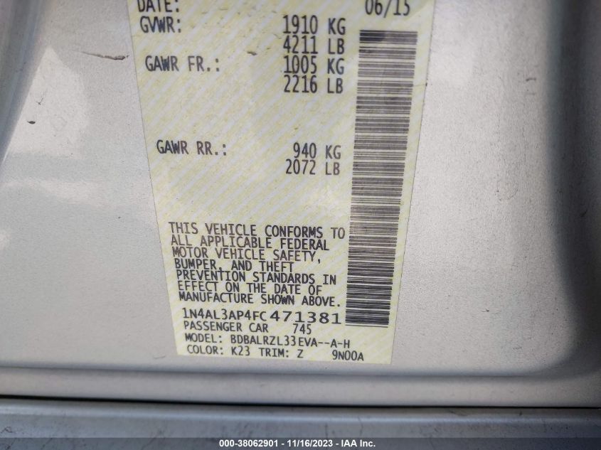 2015 NISSAN ALTIMA 2.5 SL - 1N4AL3AP4FC471381