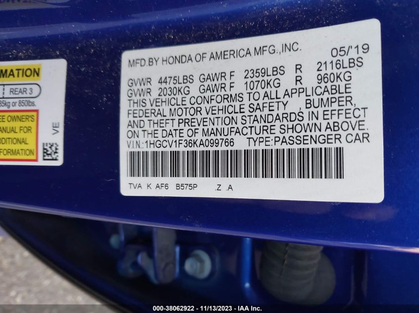 2019 HONDA ACCORD SPORT - 1HGCV1F36KA099766