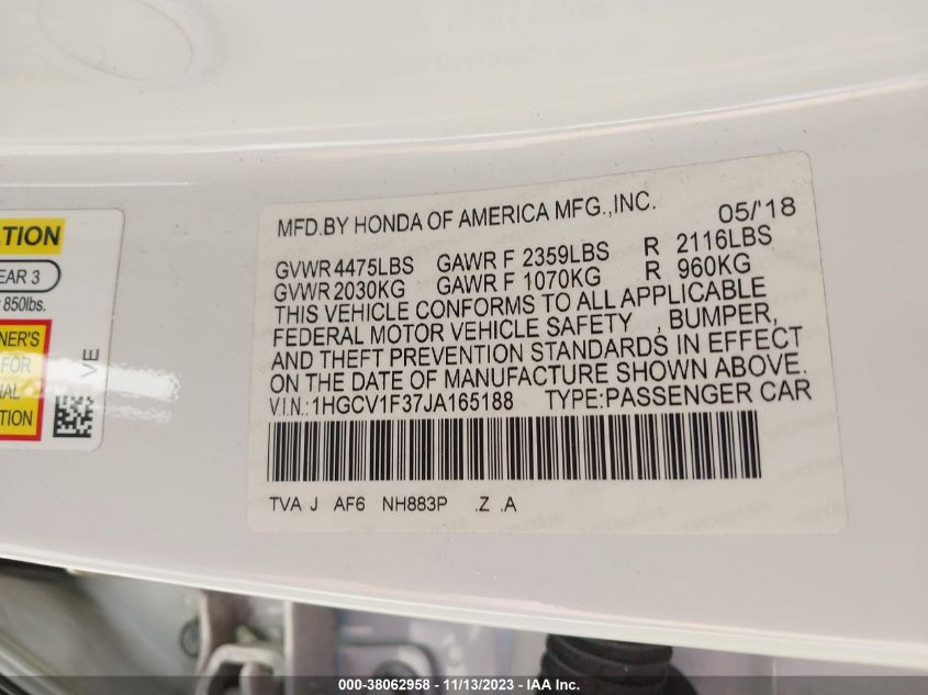 2018 HONDA ACCORD SPORT - 1HGCV1F37JA165188