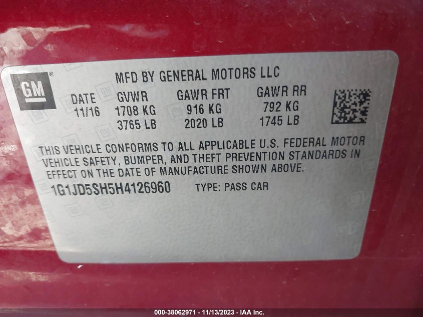 2017 CHEVROLET SONIC LT - 1G1JD5SH5H4126960