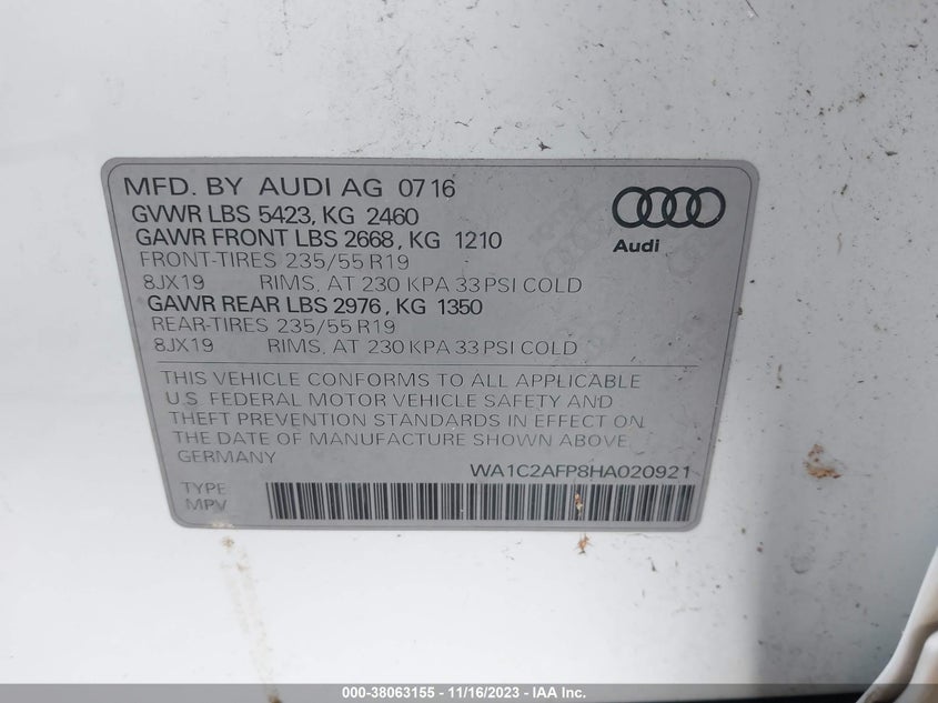 VIN WA1C2AFP8HA020921 2017 AUDI Q5 PREMIUM