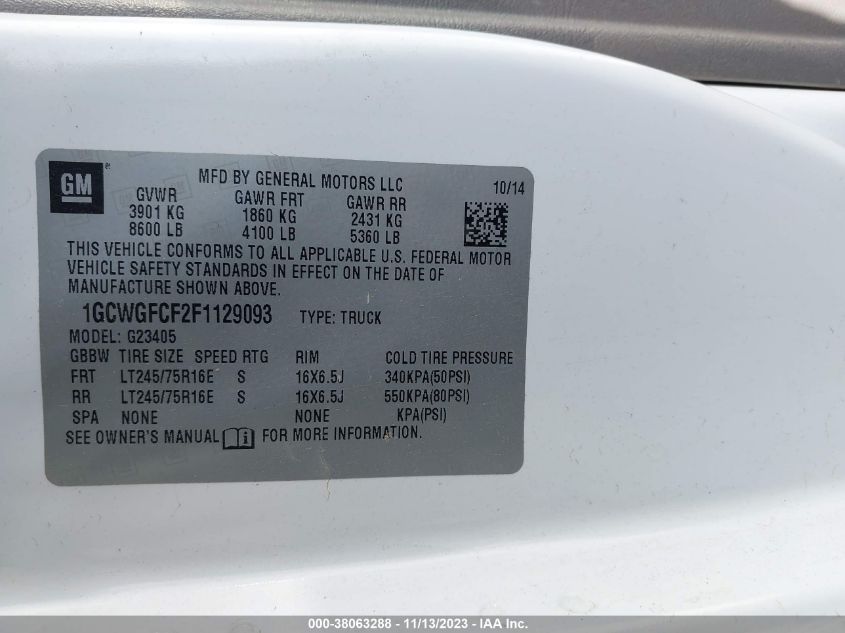 2015 CHEVROLET EXPRESS 2500 WORK VAN 1GCWGFCF2F1129093