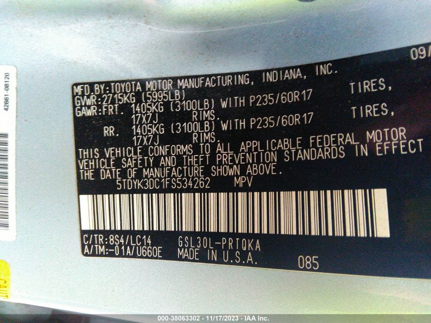 2015 TOYOTA SIENNA XLE 8 PASSENGER - 5TDYK3DC1FS534262