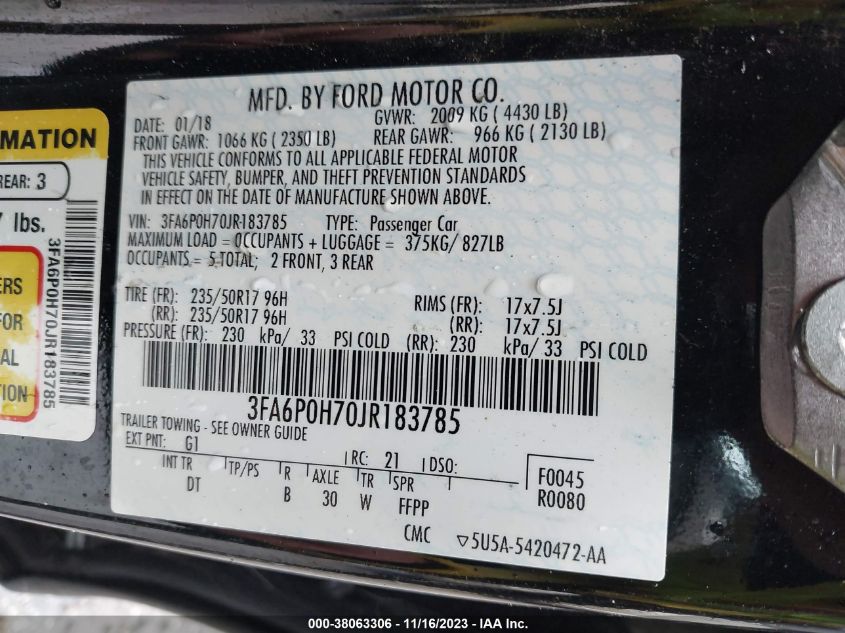 2018 FORD FUSION SE - 3FA6P0H70JR183785