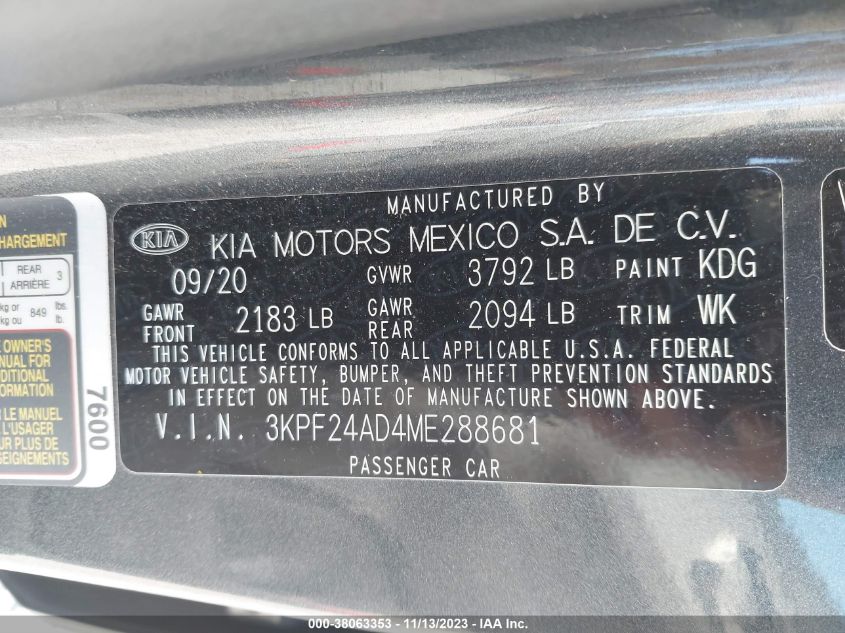 2021 KIA FORTE FE/LXS - 3KPF24AD4ME288681