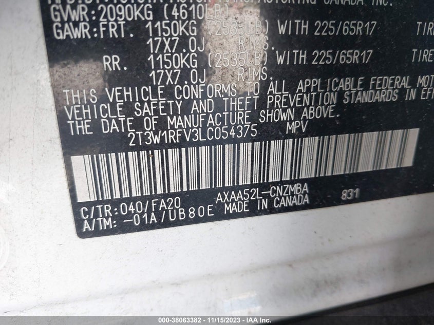 VIN 2T3W1RFV3LC054375 2020 TOYOTA RAV4 XLE/XLE PREMIUM