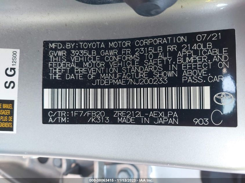 2022 TOYOTA COROLLA LE - JTDEPMAE7NJ200233