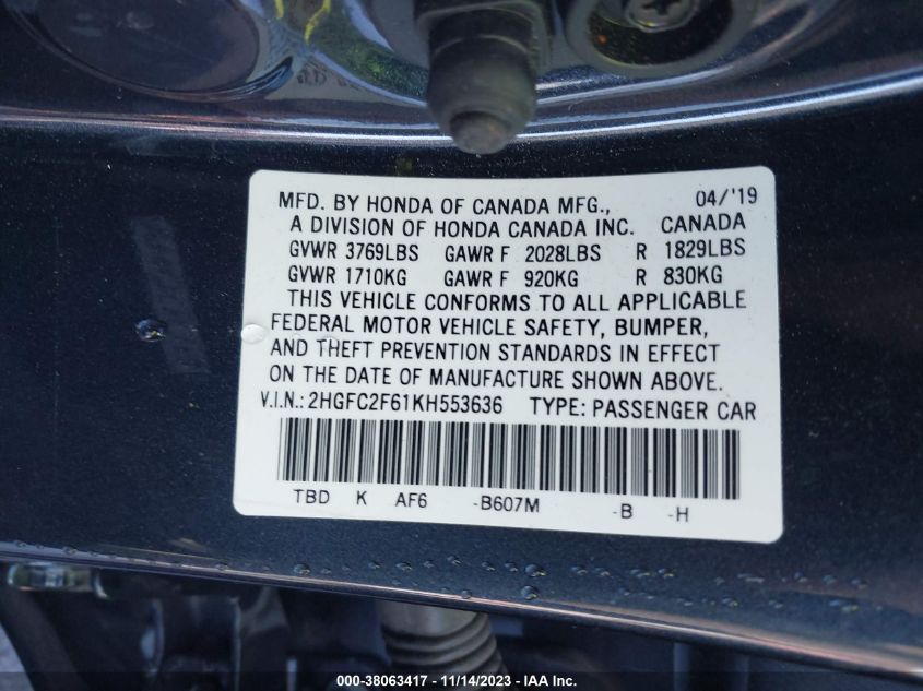2019 HONDA CIVIC LX - 2HGFC2F61KH553636