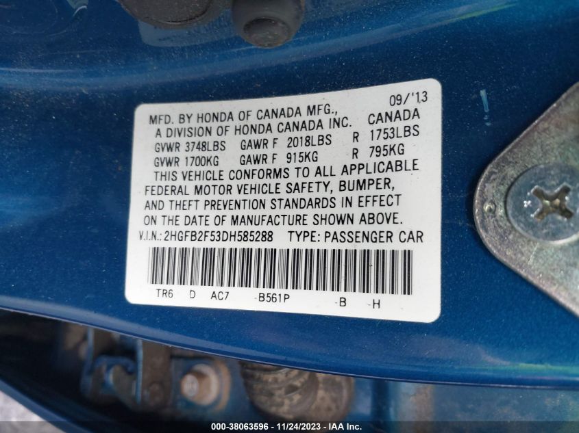 2013 HONDA CIVIC LX - 2HGFB2F53DH585288
