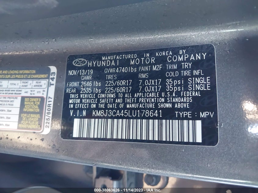 VIN KM8J3CA45LU178641 2020 HYUNDAI TUCSON VALUE