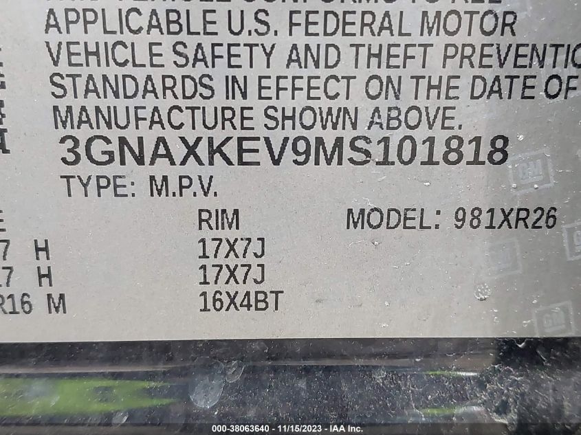2021 CHEVROLET EQUINOX LT - 3GNAXKEV9MS101818