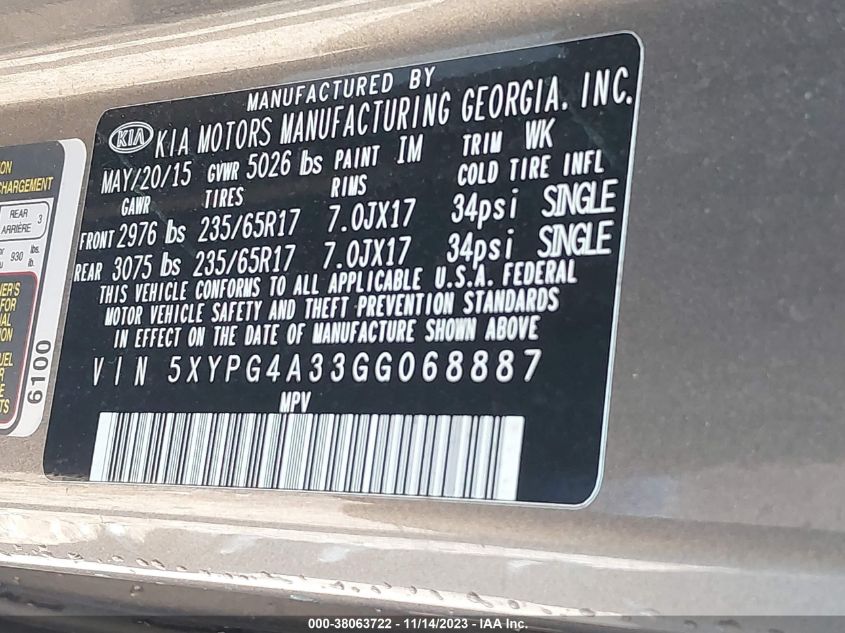 2016 KIA SORENTO LX/L - 5XYPG4A33GG068887