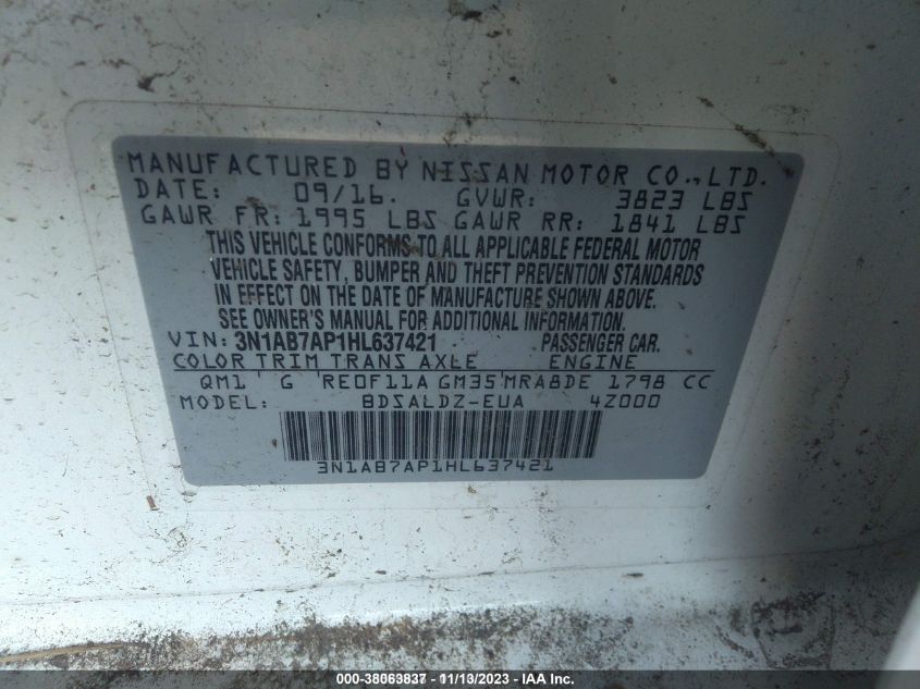 2017 NISSAN SENTRA SR/SL/S/SV - 3N1AB7AP1HL637421