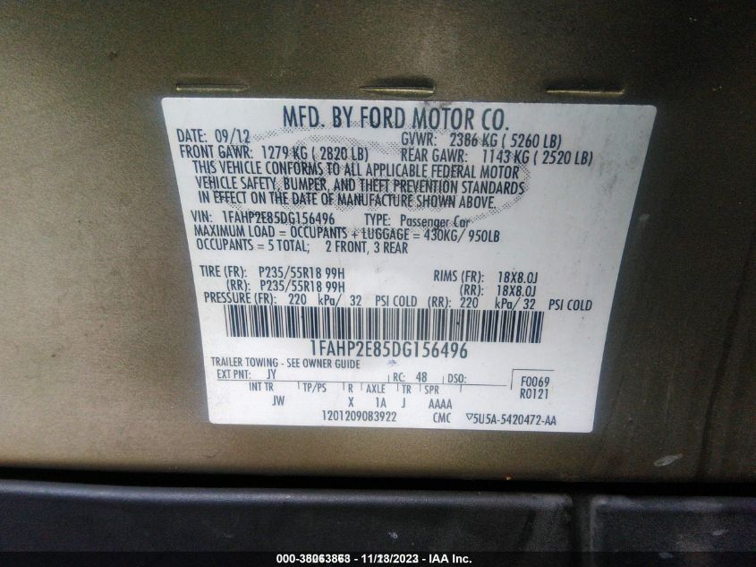 2013 FORD TAURUS SEL - 1FAHP2E85DG156496