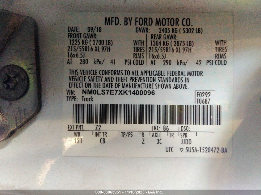 2019 FORD TRANSIT CONNECT XL - NM0LS7E7XK1400096
