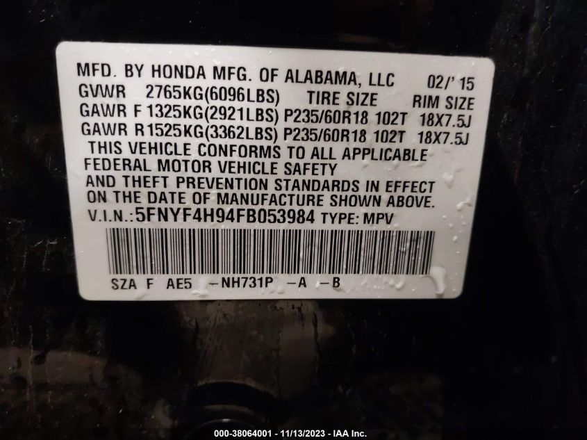 2015 HONDA PILOT TOURING - 5FNYF4H94FB053984