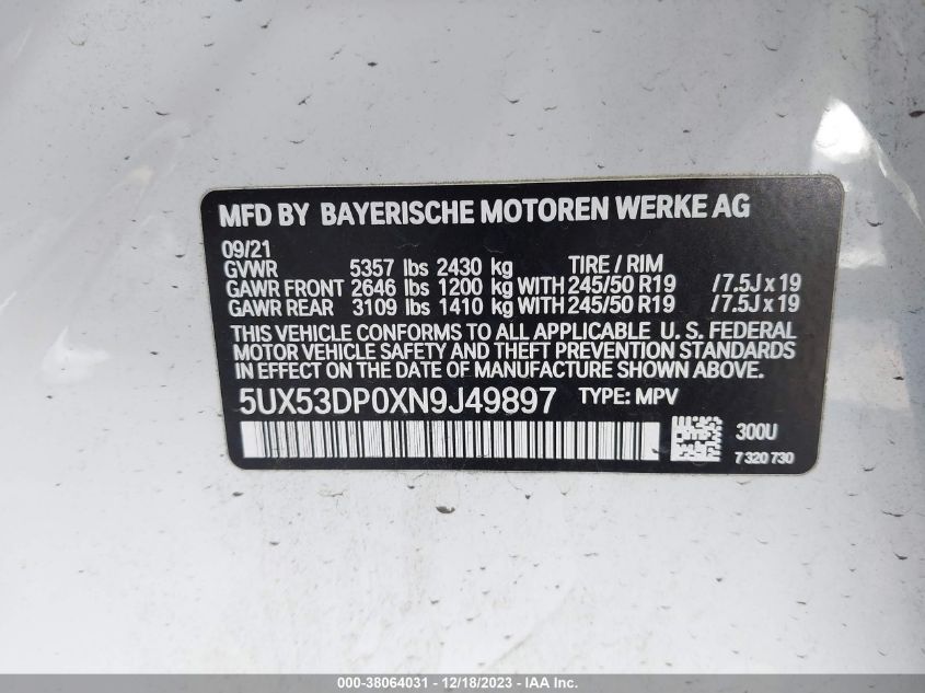 5UX53DP0XN9J49897 2022 BMW X3, photo no. 9