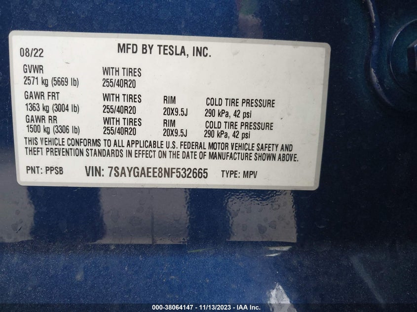 VIN 7SAYGAEE8NF532665 2022 TESLA MODEL Y