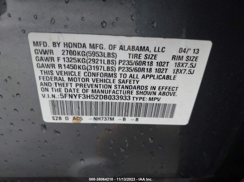 2013 HONDA PILOT EX-L - 5FNYF3H52DB033933