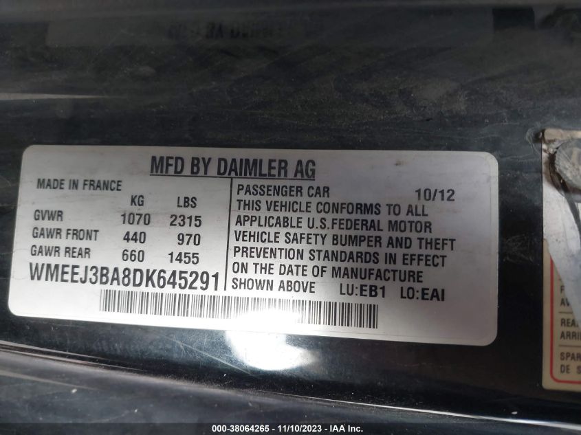 2013 SMART FORTWO PASSION/PURE WMEEJ3BA8DK645291