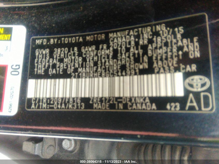 2016 TOYOTA COROLLA L/LE/LE PLS/PRM/S/S PLS - 2T1BURHE8GC544991