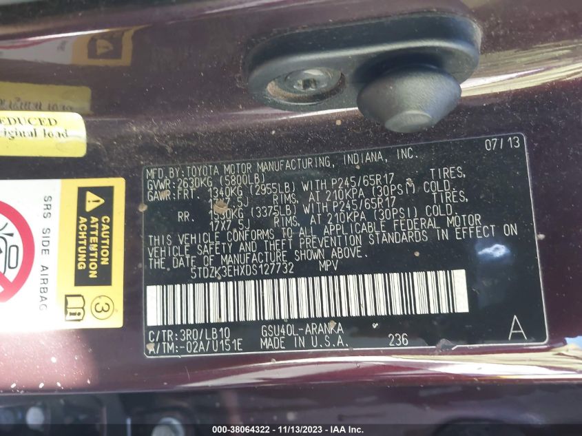 2013 TOYOTA HIGHLANDER SE V6 - 5TDZK3EHXDS127732