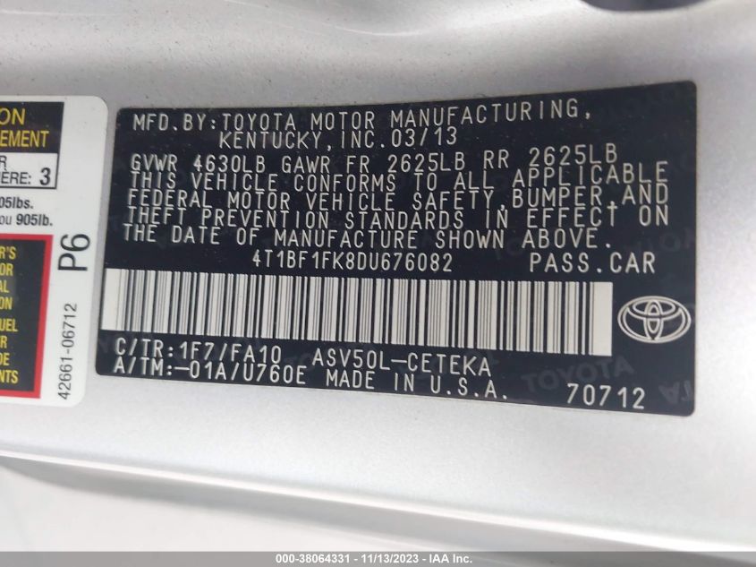 2013 TOYOTA CAMRY L - 4T1BF1FK8DU676082