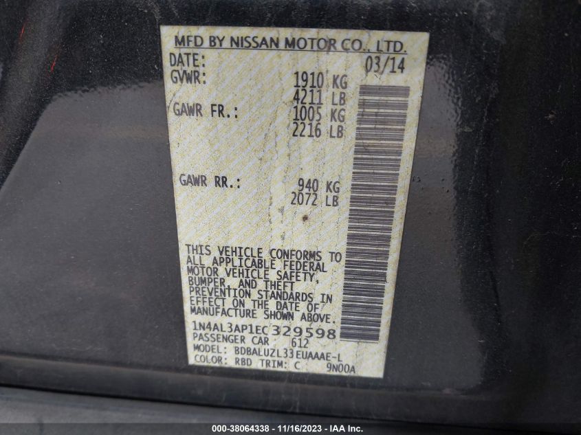 2014 NISSAN ALTIMA 2.5/S/SV/SL - 1N4AL3AP1EC329598