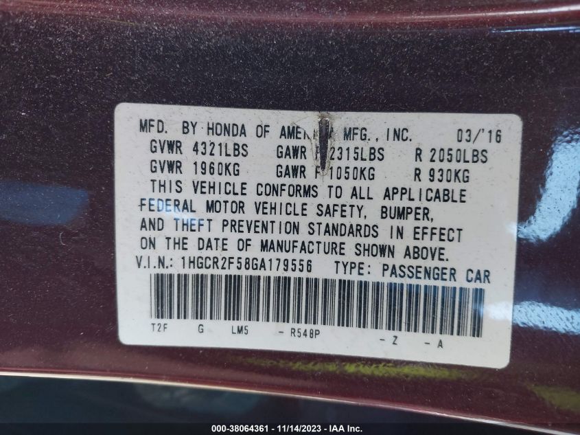 2016 HONDA ACCORD SPORT - 1HGCR2F58GA179556