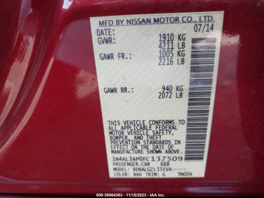 2015 NISSAN ALTIMA 2.5 - 1N4AL3AP0FC137509