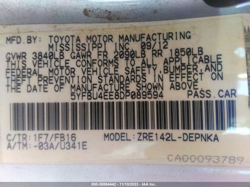 2013 TOYOTA COROLLA L/LE/S - 5YFBU4EE8DP089594